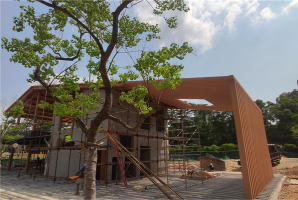 广东东莞市黄旗山公园景观廊架钢结构仿木纹漆施工